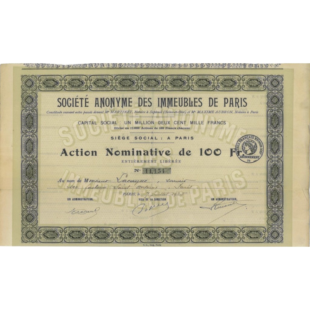 SOC.AN. DES IMMEUBLES DE PARIS - 1 AZIONE - 1925