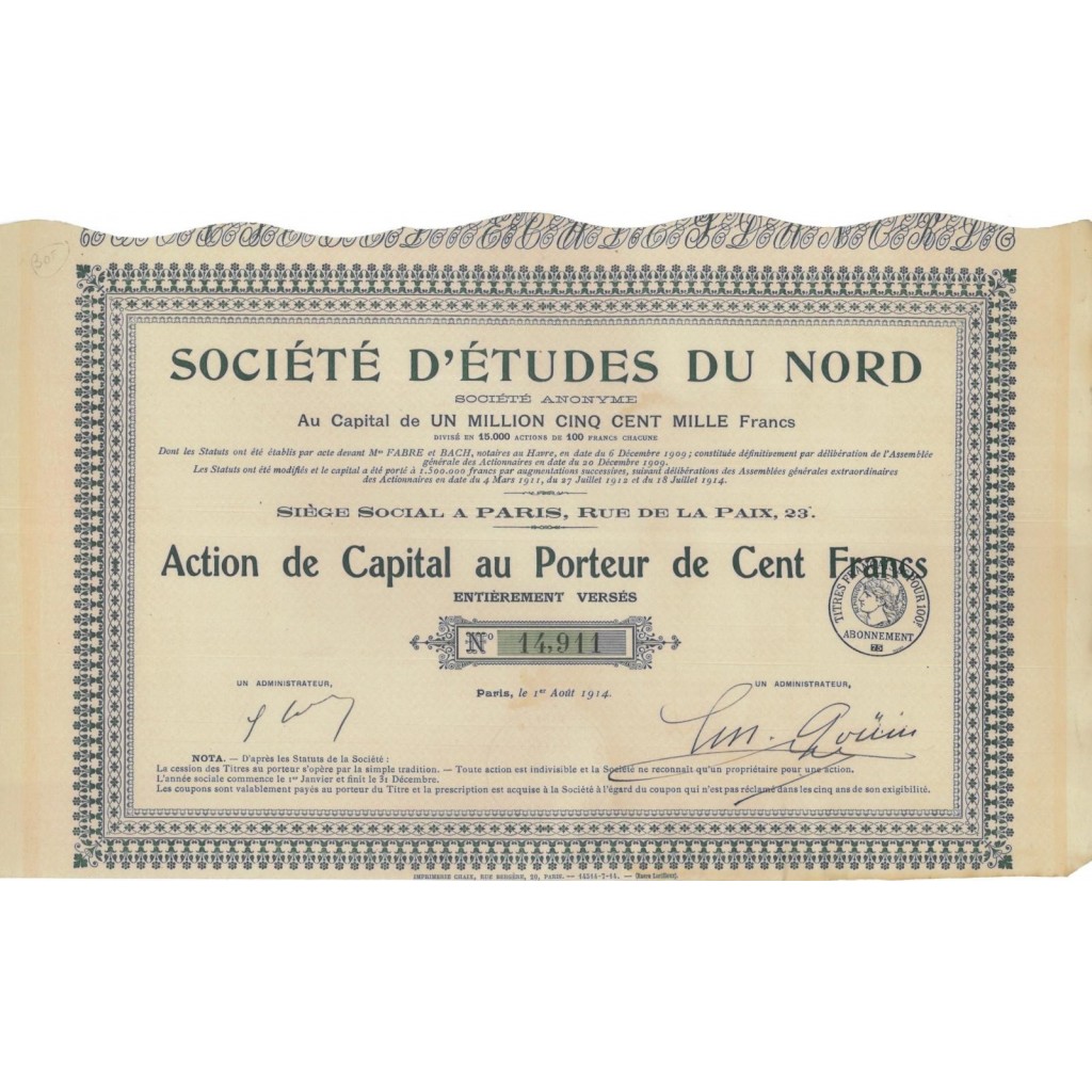 SOC. D'ETUDES DU NORD - 1 AZIONE 1914