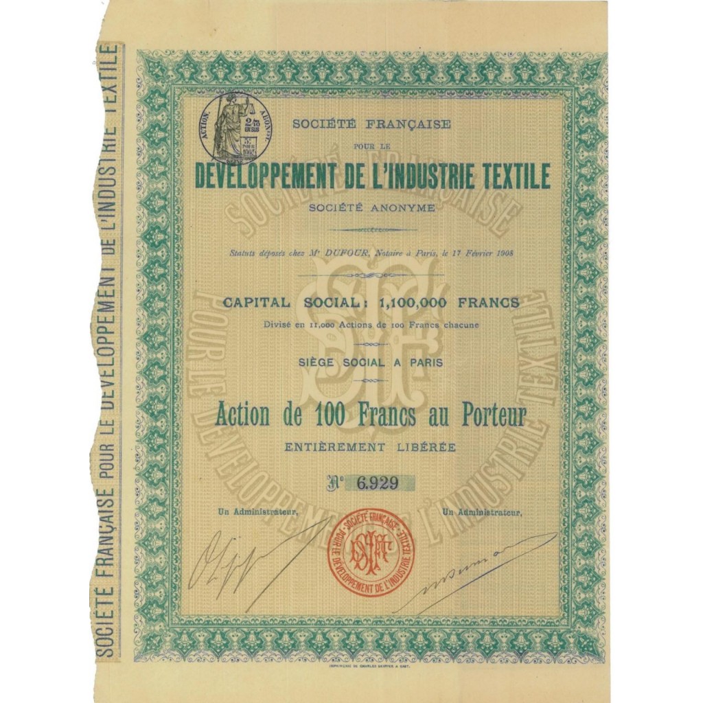 DEVELOPPEMENT DE L'INDUSTRIE TEXTILE - 1 AZIONE 1908