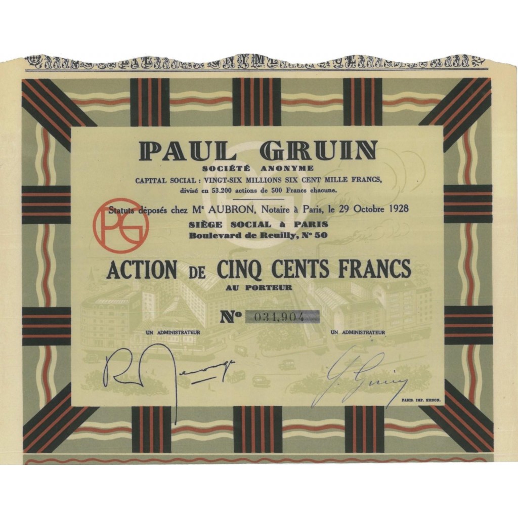 PAUL GRUIN - 1 AZIONE DI 500 FRANCHI - 1928