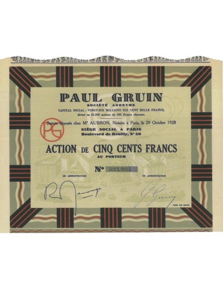 PAUL GRUIN - 1 AZIONE DI 500 FRANCHI - 1928