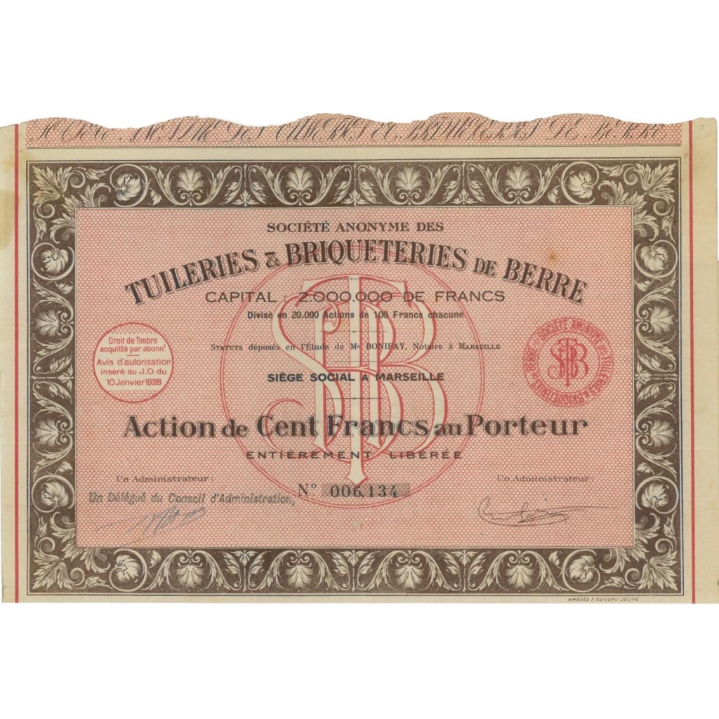 TUILERIES BRIQUETERIES DE BERRE - 1 AZIONE 1928