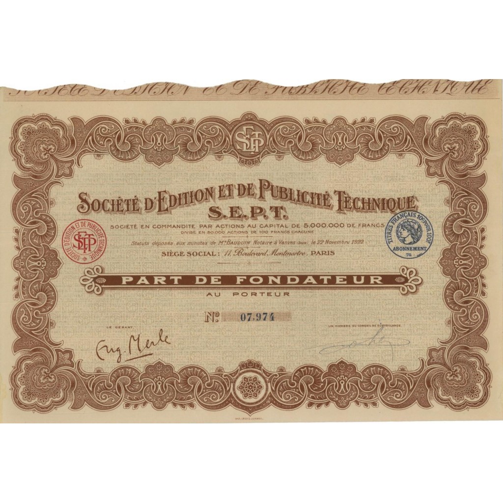 SOC. D'EDITION ET DE PUBLICITE' TECHNIQUE - AZIONE - 1922
