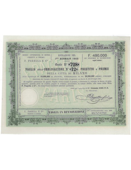 F. PAGELLA PRESTITO A PREMII CITTA' DI MILANO - VAGLIA IN RINNOVAZIONE 1863