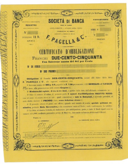 SOC. DI BANCA F. PAGELLA & C.IA 250 FRANCHI CERT. OBB. - PARIGI - 186X