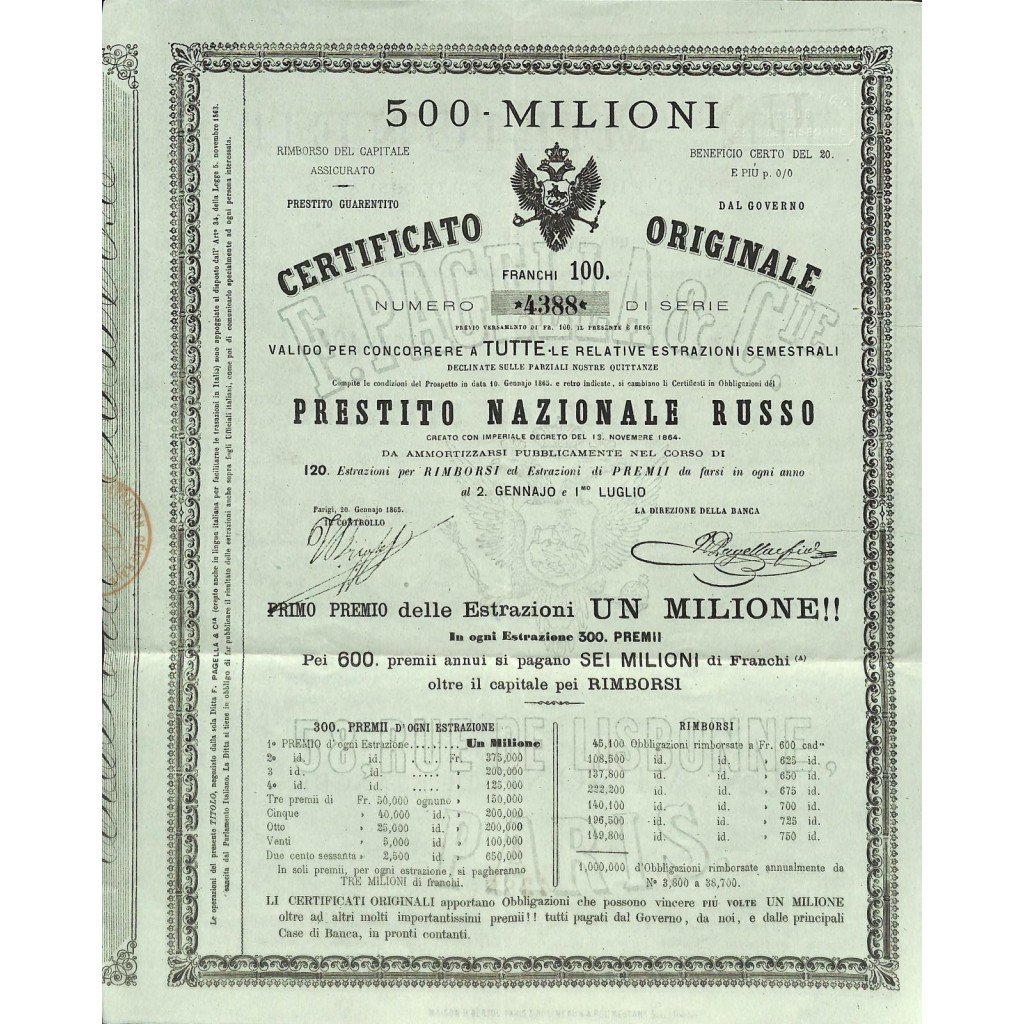 F. PAGELLA PRESTITO NAZIONALE RUSSO 100 FRANCHI - 500 MILIONI - PARIGI - 1865