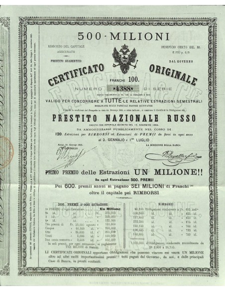 F. PAGELLA PRESTITO NAZIONALE RUSSO 100 FRANCHI - 500 MILIONI - PARIGI - 1865