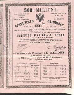 F. PAGELLA PRESTITO NAZIONALE RUSSO 20 FRANCHI - 500 MILIONI - PARIGI - 1865