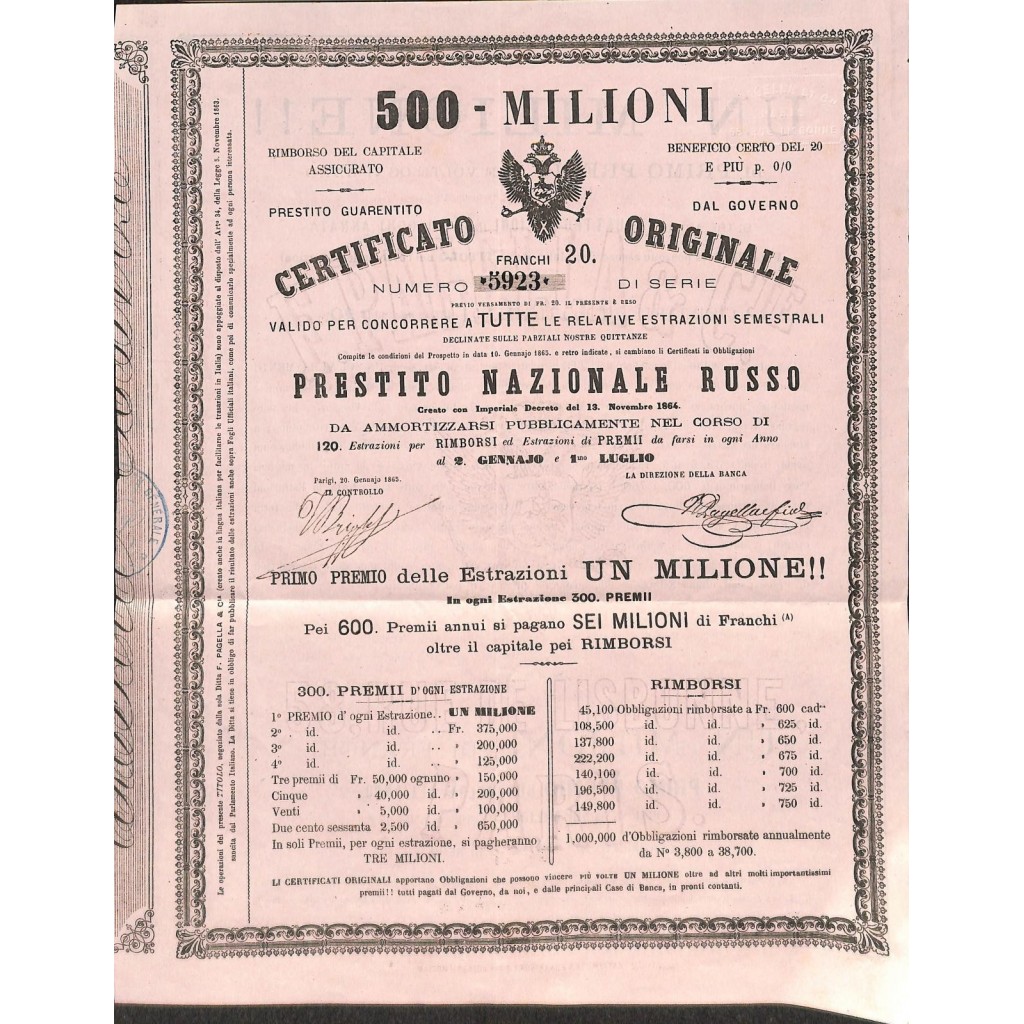 F. PAGELLA PRESTITO NAZIONALE RUSSO 20 FRANCHI - 500 MILIONI - PARIGI - 1865