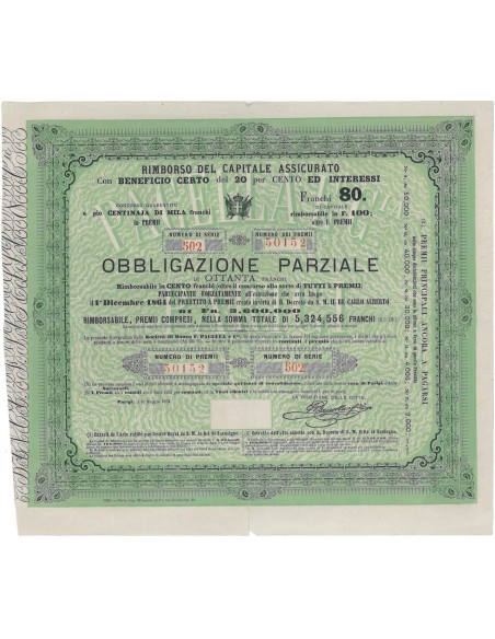 F. PAGELLA PRESTITO A PREMII - OBBLIGAZIONE PARZIALE - FRANCHI 80 - PARIGI - 1864