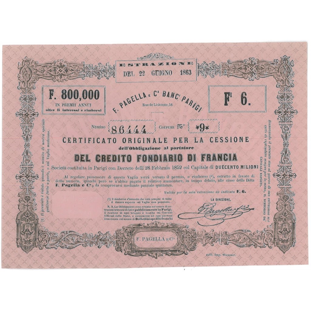 CERT. ORIGINALE F. PAGELLA E C.A BANC' CREDITO FOND. FRANCIA - PARIGI - 1863