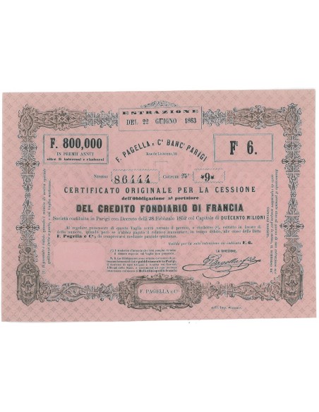 CERT. ORIGINALE F. PAGELLA E C.A BANC' CREDITO FOND. FRANCIA - PARIGI - 1863
