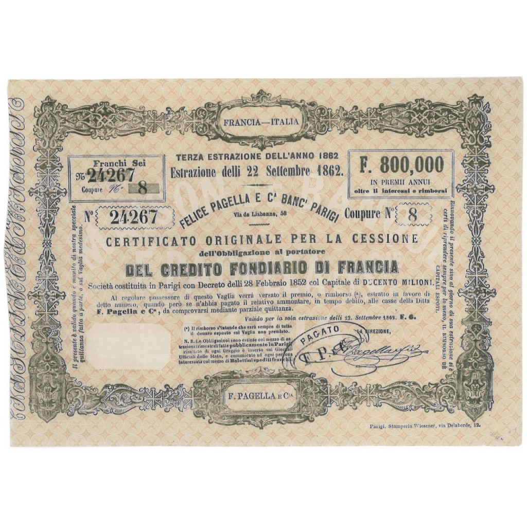 CERT. ORIGINALE F. PAGELLA E C.A BANC' CREDITO FOND. FRANCIA - PARIGI - 09/1862