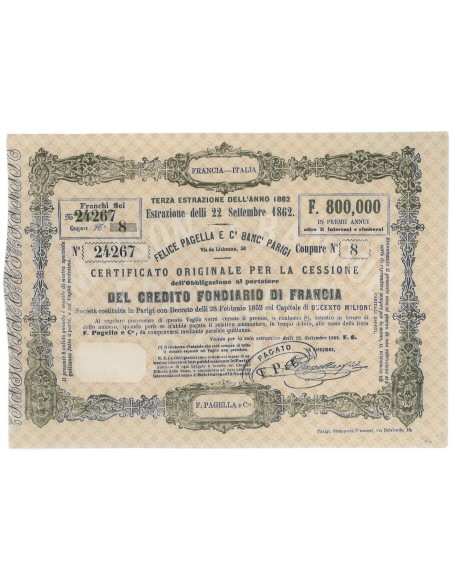 CERT. ORIGINALE F. PAGELLA E C.A BANC' CREDITO FOND. FRANCIA - PARIGI - 09/1862