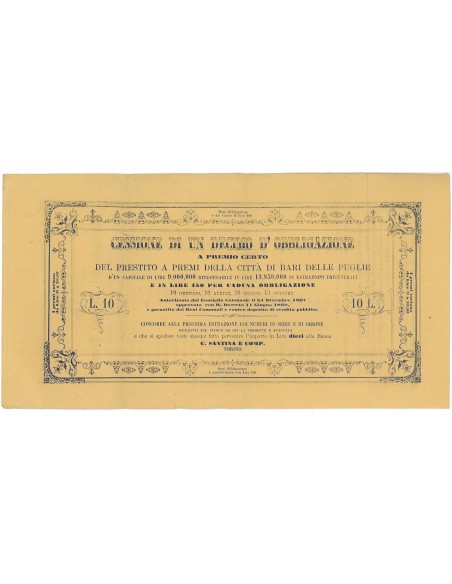 PRESTITO A PREMI DI BARI - CESSIONE DI 1/10 DI 1 OBBLIGAZIONE 1867