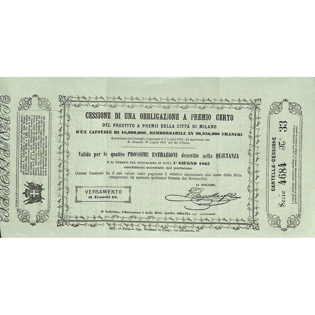 PRESTITO A PREMII CITTA' DI MILANO CESSIONE 1 OBB. A PREMIO VARIANTE 1 - MILANO - 1865