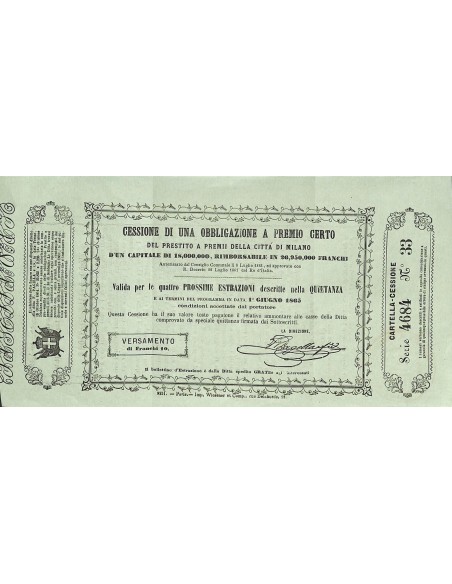 PRESTITO A PREMII CITTA' DI MILANO CESSIONE 1 OBB. A PREMIO VARIANTE 1 - MILANO - 1865