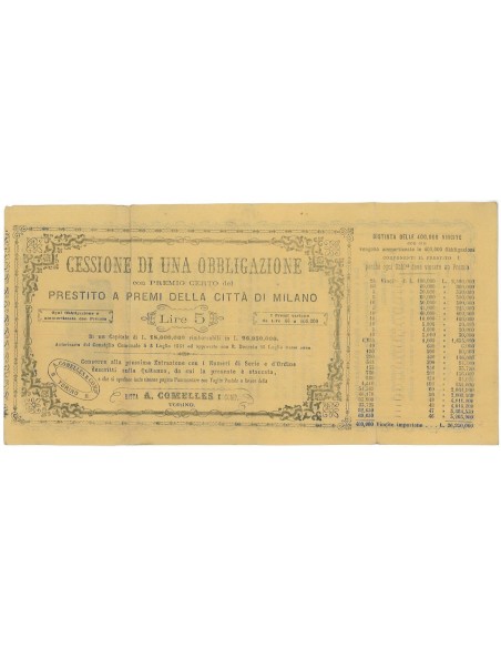 PRESTITO A PREMII CITTA' DI MILANO CESSIONE 1 OBB. PREMIO CERTO - TORINO - 1861