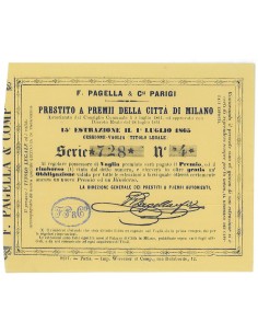 F. PAGELLA PRESTITO A PREMII DELLA CITTA' DI MILANO 15Ẃ ESTRAZIONE CESS. VAGLIA - 1865