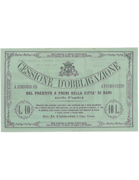 PRESTITO A PREMI CITTA' DI BARI CESSIONE D'OBBLIGAZIONE - TORINO - 1860 CIRCA