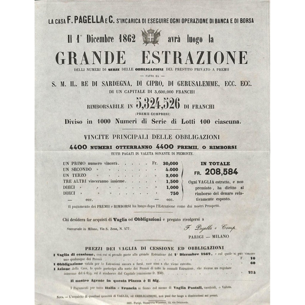 EDITTO GRANDE ESTRAZIONE F. PAGELLA - PARIGI - MILANO - 1 DICEMBRE 1862