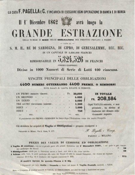 EDITTO GRANDE ESTRAZIONE F. PAGELLA - PARIGI - MILANO - 1 DICEMBRE 1862