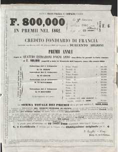 F. PAGELLA CREDITO FONDIARIO DI FRANCIA PREMII ANNUI - PARIGI - 1862