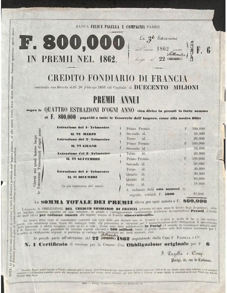 F. PAGELLA CREDITO FONDIARIO DI FRANCIA PREMII ANNUI - PARIGI - 1862