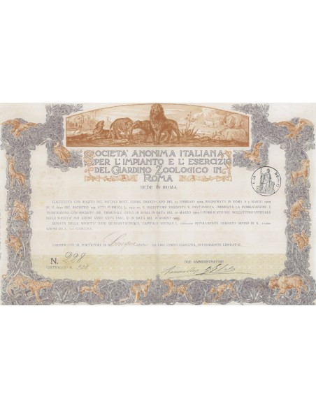SOC` ANON. ITAL. PER L` IMPIANTO DEL GIARDINO ZOOLOGICO 5 AZIONI ROMA 1909