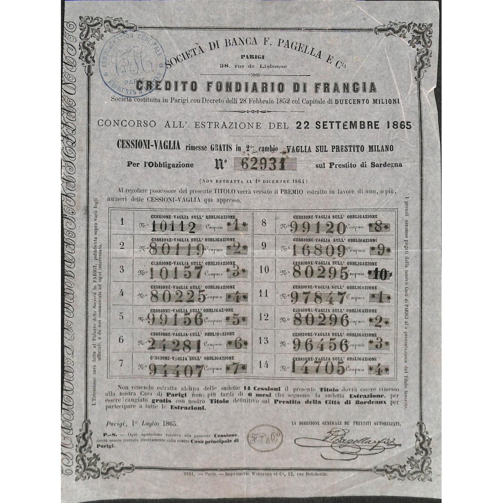 F. PAGELLA CREDITO FONDIARIO DI FRANCIA CONCORSO ALL'ESTRAZIONE - PARIGI - 1865