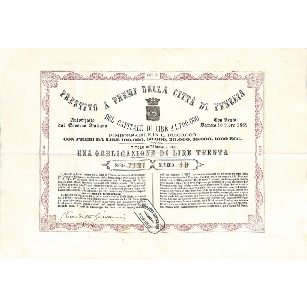 PRESTITO A PREMJ CITTA' DI VENEZIA - 1 OBBLIGAZIONE LIRE 30 1869