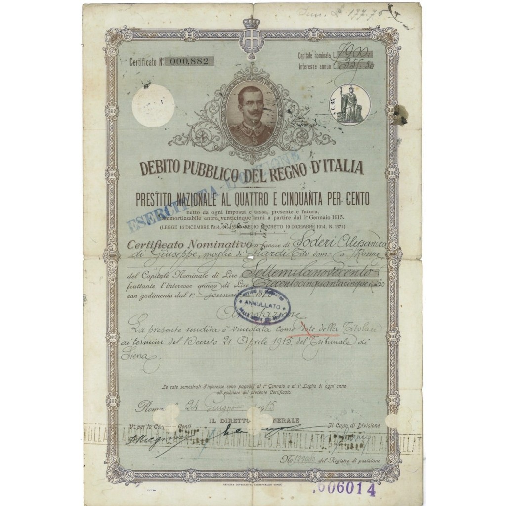 CERTIFICATO NOMINATIVO PRESTITO NAZIONALE 4,50% - ROMA 1915