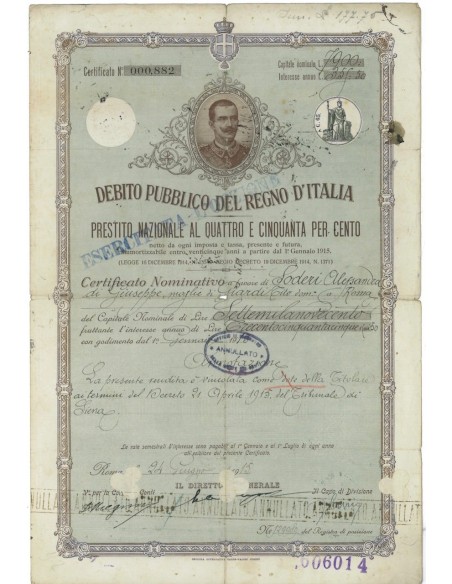 CERTIFICATO NOMINATIVO PRESTITO NAZIONALE 4,50% - ROMA 1915