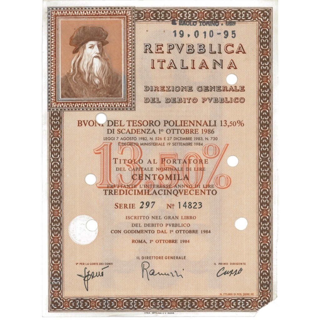 BTP POLIENNALI SERIE 297 LIRE 100000 ROMA 1984