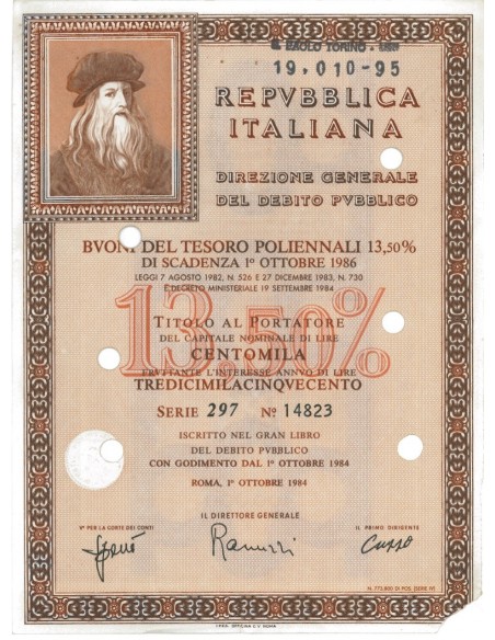 BTP POLIENNALI SERIE 297 LIRE 100000 ROMA 1984