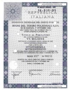 BTP POLIENNALI SERIE 017 LIRE 1 MILIONE ROMA 1986