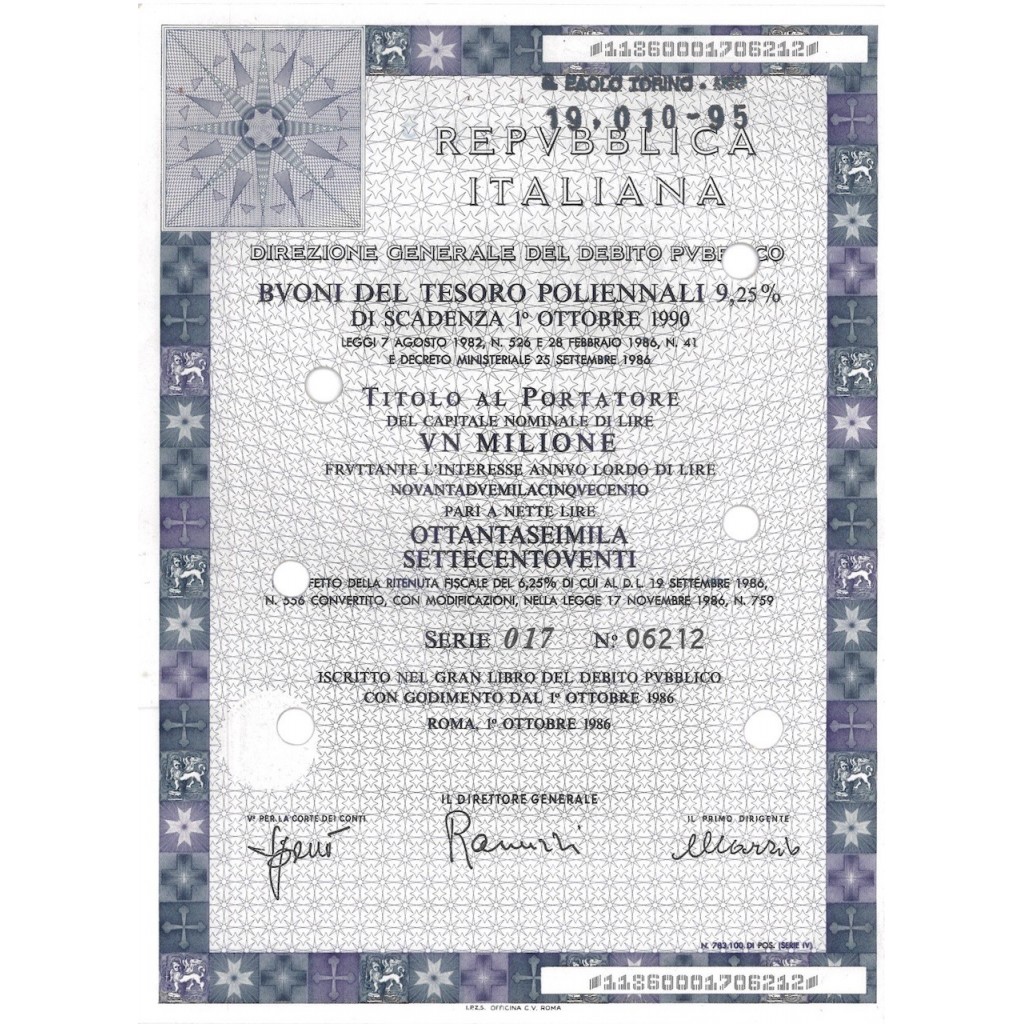 BTP POLIENNALI SERIE 017 LIRE 1 MILIONE ROMA 1986