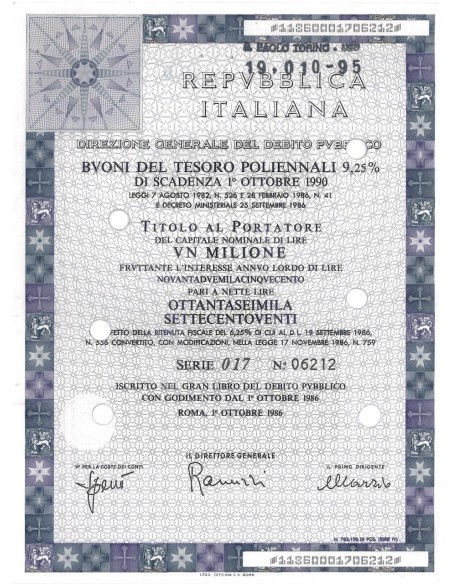 BTP POLIENNALI SERIE 017 LIRE 1 MILIONE ROMA 1986