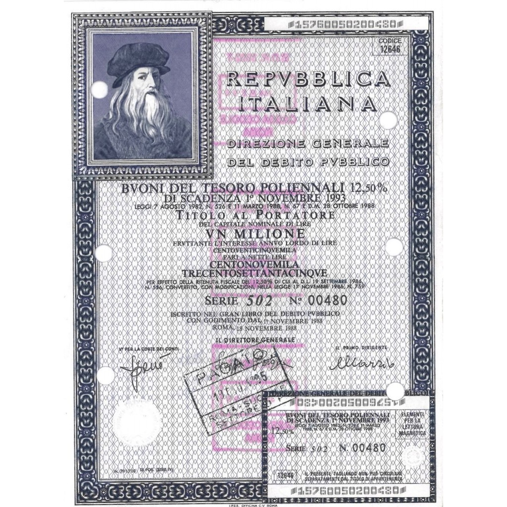 1988 - BTP POLIENNALI SERIE 502 LIRE 1 MILIONE...