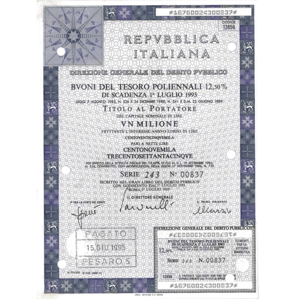 1989 - BTP POLIENNALI SERIE 243 LIRE 1 MILIONE ROMA (Rosa dei venti - Repubbliche marinare)