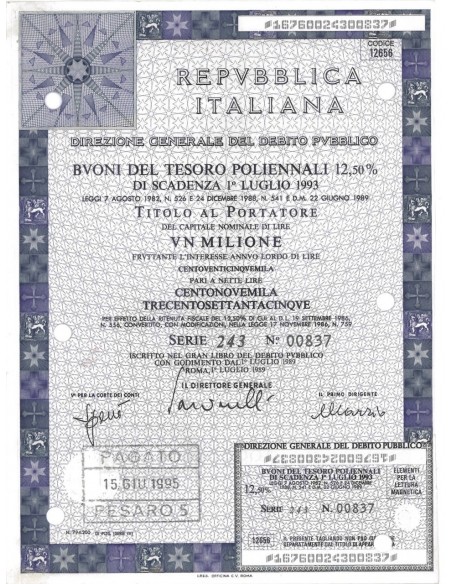 1989 - BTP POLIENNALI SERIE 243 LIRE 1 MILIONE ROMA (Rosa dei venti - Repubbliche marinare)