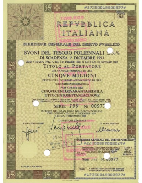 1989 - BTP POLIENNALI SERIE 199 LIRE 5 MILIONI ROMA (Rosa dei venti - Repubbliche marinare)