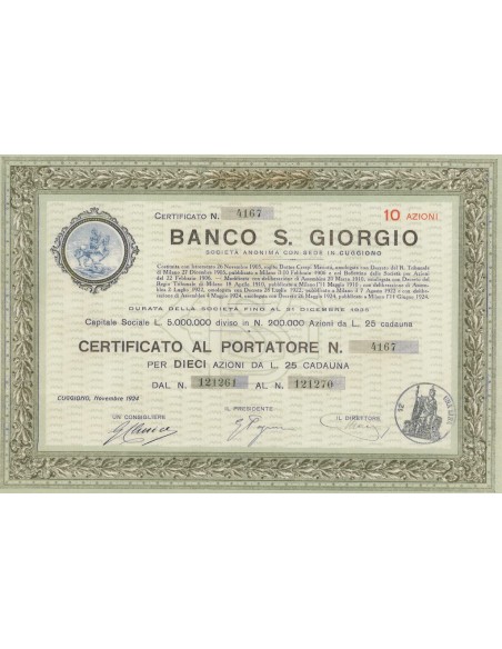 BANCO S. GIORGIO - 10 AZIONI CUGGIONO 1924