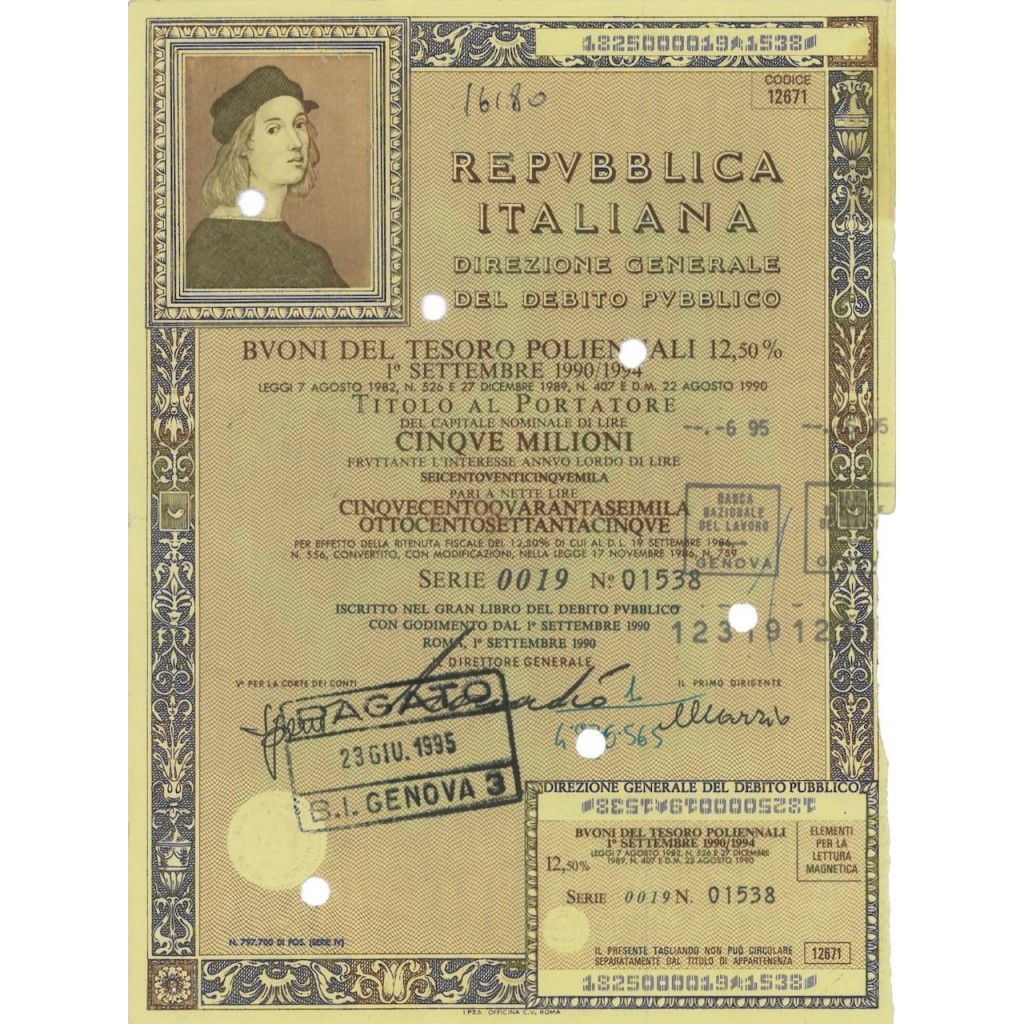 1990 - BTP POLIENNALI SERIE 0019 LIRE 5 MILIONI...