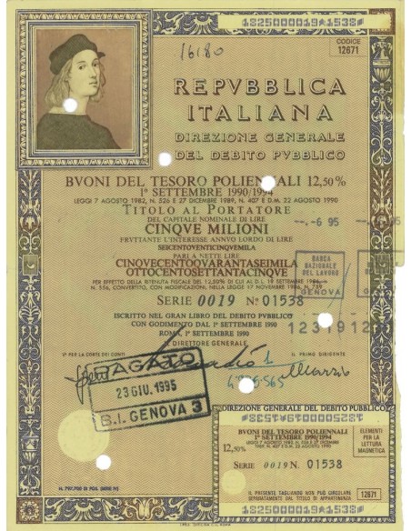 1990 - BTP POLIENNALI SERIE 0019 LIRE 5 MILIONI ROMA (Raffaello Sanzio)