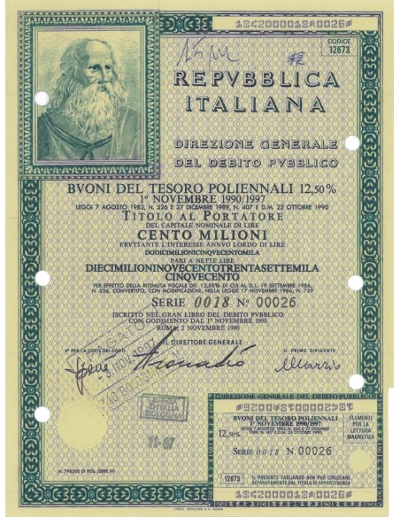 1990 - BTP POLIENNALI SERIE 0018 LIRE 100 MILIONI - ROMA (Leonardo Da Vinci)