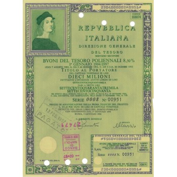 1993 - BTP POLIENNALI SERIE 0002 LIRE 5 MILIONI ROMA (Raffaello Sanzio)
