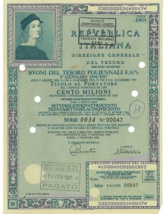 1994 - BTP POLIENNALI SERIE 0034 LIRE 100 MILIONI ROMA...