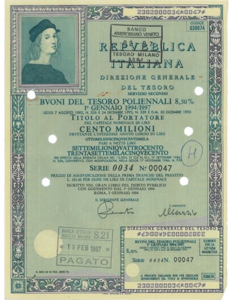 1994 - BTP POLIENNALI SERIE 0034 LIRE 100 MILIONI ROMA  (Raffaello Sanzio)