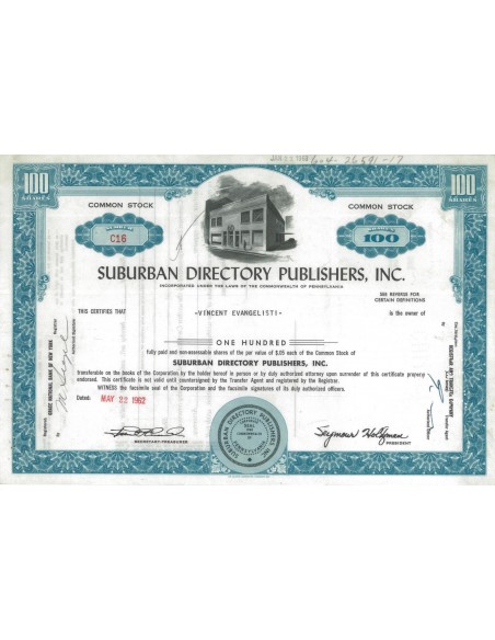 SUBURBAN DIRECTORY PUBLISHERS, INC. - 100 AZIONI - 1962